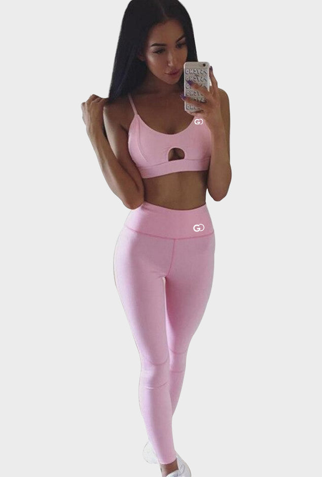 Pink O Neck Strapless Hollow Out Fitness Sets