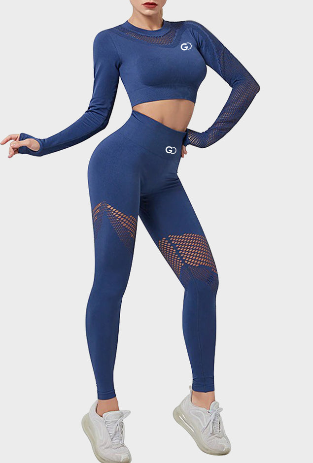 Long Sleeve Solid Tops High Elastic Waist Workout Sets
