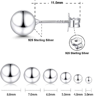 White Gold Sterling Silver Ball Stud Earrings 3mm-10mm Options