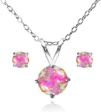 GemStar USA Sterling Silver Synthetic Opal Round Solitaire Set