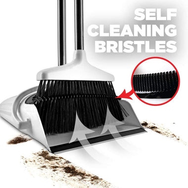Broom and Dustpan Set with Self Cleaning Bristles