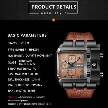 Mens Watch Fashion Rectangle Quartz Wrist Watch with Leather Strap
