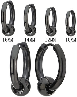 Stainless Steel Black Circle Beads Huggie Hinged Hoop Earrings