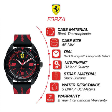 Forza, Quartz Plastic and Silicone Strap Casual Watch, Black with Red Detail, Men, 830515