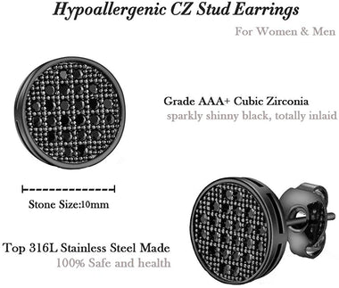 Hypoallergenic Black Stud Earrings for Men Guys Surgical Stainless Steel