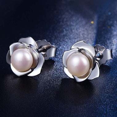 Rose Gold Plated Sterling Silver Rose Flower & Pearl Stud Earrings for Women