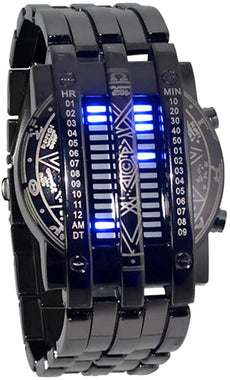 Binary Matrix Blue LED Digital Watch Mens Classic Creative Fashion Black Plated Wrist Watches