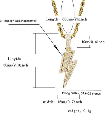 JINAO Hip Hop Lightning Bolt Design Pendant 18k Gold Plated