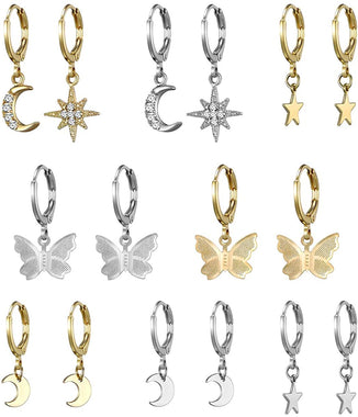 Small Butterfly Star Hoop Earrings Set for Women