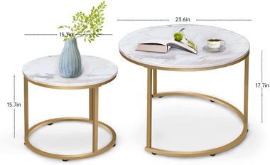 2 Side Set Golden Frame Circular and Marble Pattern Wooden Tables