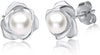 Rose Gold Plated Sterling Silver Rose Flower & Pearl Stud Earrings for Women
