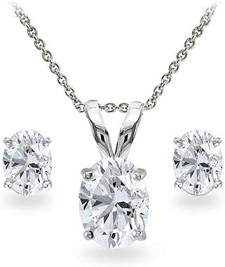 Simulated Gemstone Oval Solitaire Necklace & Stud Earrings Set
