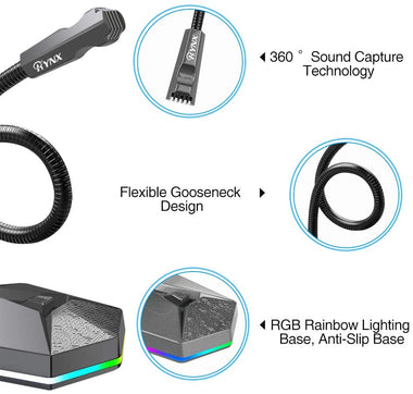 RYNX USB Gaming Microphone - Plug & Play Recording Gooseneck Mic