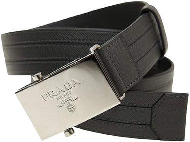 Prada Men's Engraved Plaque Leather Belt
