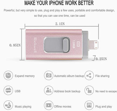 USB Flash Drive 128G Thumb Drive for iPhone Photo Stick 3in1 USB 3.0 Memory iPad