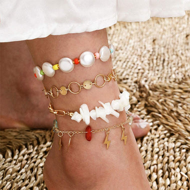 Bodiy Boho Pearl Multilayer Ankle Bracelets Gold Sequines Beach Anklets Beaded