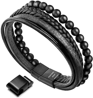 murtoo Mens Bead Leather Bracelet, Natural Bead, Steel