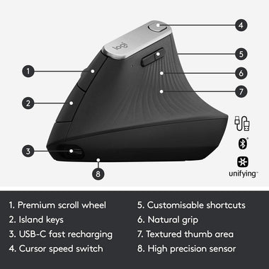 MX Vertical Wireless Mouse – Advanced Ergonomic Design Reduces Muscle Strain