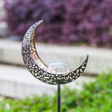 Garden Solar Lights Pathway Moon Crackle Glass Globe Stake Metal