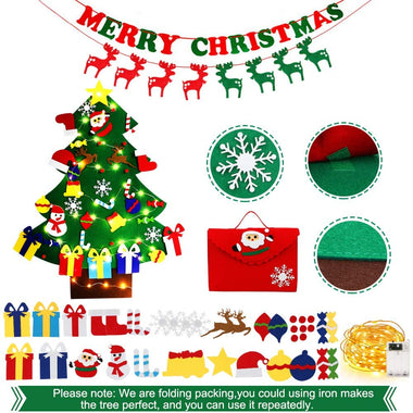 yazi 4ft DIY Felt Christmas Tree with Light for Kids Wall 45pcs Detachable Christmas Tree Ornaments Wall Decor Door Hanging Christmas Tree Set with Banner/Storage Bag Xmas Gifts New Year Decorations