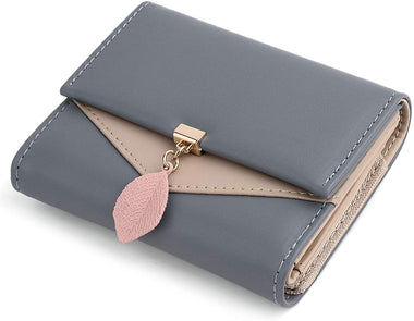 UTO Small Wallet for Women PU Leather Leaf Pendant Card Holder Organizer Zipper Coin Purse