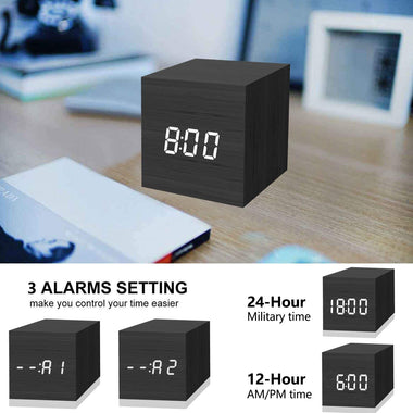Digital Alarm Clock, with Wooden Electronic LED Time Display
