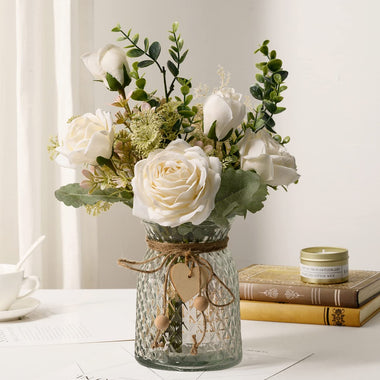 Fake Flowers with Vase, Artificial Flowers Silk Roses Flower