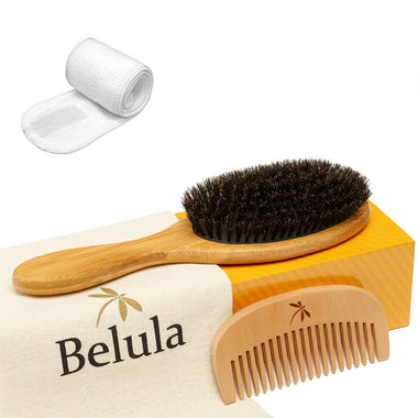 100% Boar Bristle Hair Brush Set. Soft Natural Bristles