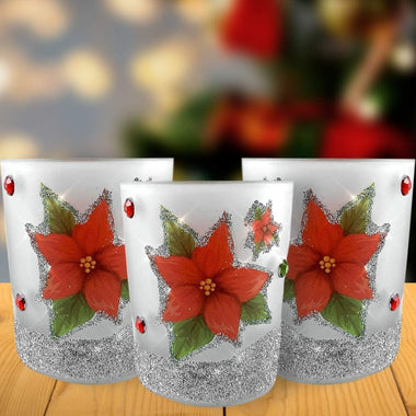 Christmas Poinsettia Set of 3 Frosted Glass Candle Holders