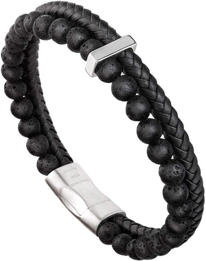 murtoo Mens Bead Leather Bracelet, Natural Bead, Steel