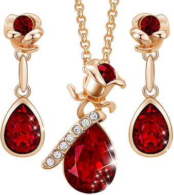 CDE Rose Flower Jewelry Set Rhodium Plated Earrings and Necklace Set