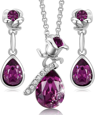 CDE Rose Flower Jewelry Set Rhodium Plated Earrings and Necklace Set