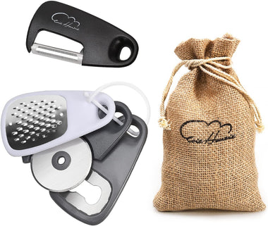 5 Pieces Kitchen Gadgets Set - Space Saving Cooking Tools Accessories Cheese Chocolate Grater, Fruit Vegetable Peeler, Bottle Opener, Pizza Cutter, Burlap Bags with Drawstring Gift Set… Black/white/gray 5pcs