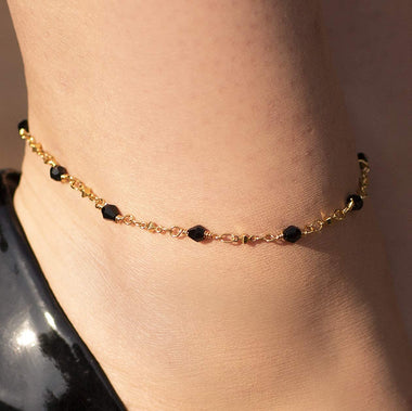 Lifetime Jewelry Ankle Bracelet 24k Gold Plated Chain Diamond Shaped Black Stones
