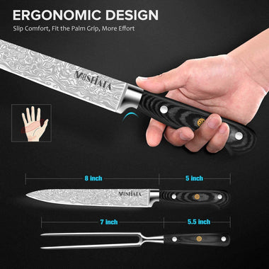 MOSFiATA 8" Carving Knife and 7" Fork Set Sharp Premium Slicing Carving Knife