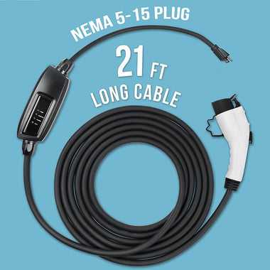 NEMA 5-15 Level 1 EV Charger - 110V 16 Amp with 21 ft Extension Cord