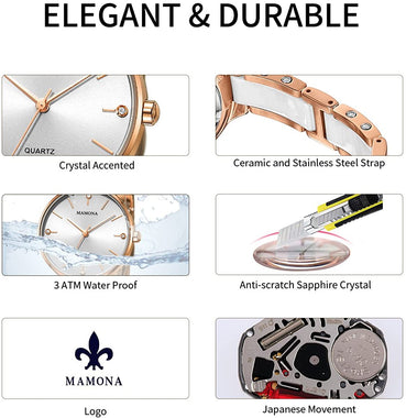 MAMONA Women's Quartz Watch Set Crystal Accented Ceramic and Stainless Steel L3877GT