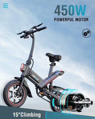 C3 Electric Bike for Adults, 450W eBike with 18.6MPH up to 28 Mileage, 14in Air-Filled Tires
