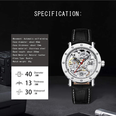 GUTE Mechanical Stainless Steel Skeleton Steampunk Design Wrist Watch