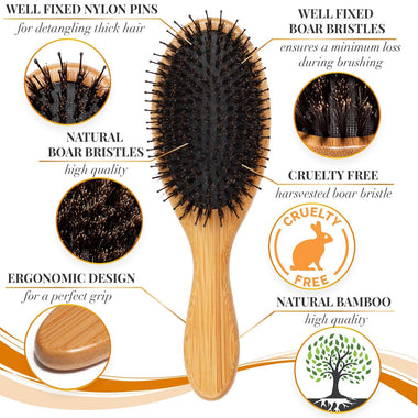 Premium Boar Bristle Hair Brush for Thick Hair Set