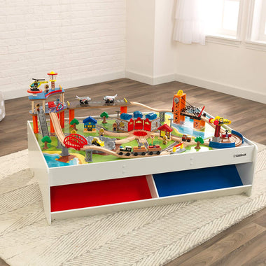 KidKraft Railway Express Wooden Train Set & Table with 79 Pieces