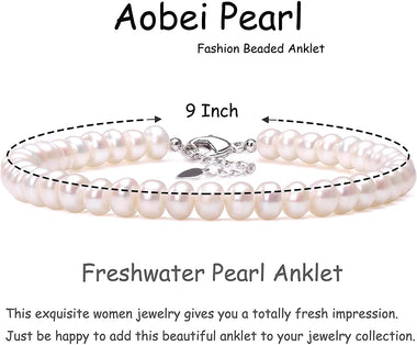 Aobei Cultured Freshwater Pearls Anklet 9 to 10 Inch White Pearl Beaded