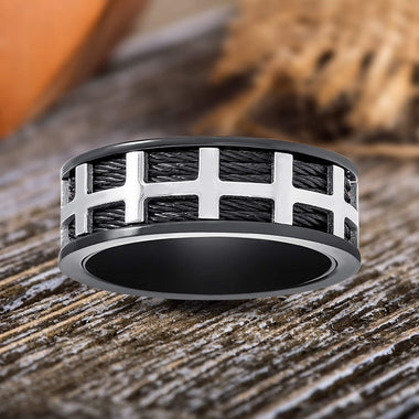 Steve Madden Black IP Plated Stainless Steel Cross Cable Ring for Men