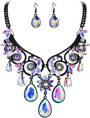 Tribal Ethnic Crystal Chunky Statement Necklace Dangle Earrings Set