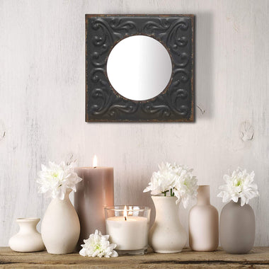 Round Mirror with Distressed Square Metal Tin Frame