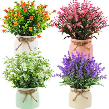 Fake Potted Plants - Set of 4 Artificial Potted Flowers Faux Plants