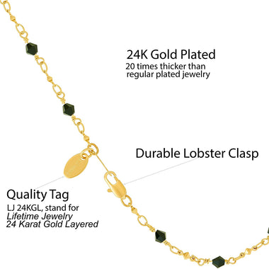 Lifetime Jewelry Ankle Bracelet 24k Gold Plated Chain Diamond Shaped Black Stones