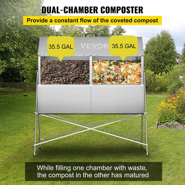 VEVOR Tumbler, 71 US Gallons, Rustproof Stainless Steel Dual-Chamber Garden Composter