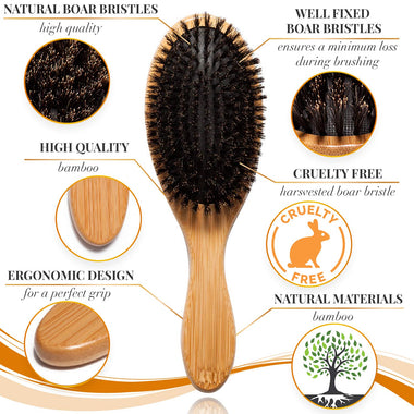 100% Boar Bristle Hair Brush Set. Soft Natural Bristles