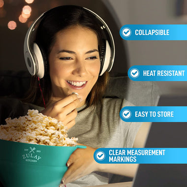 Zulay Kitchen Large Microwave Popcorn Maker - BPA Free Silicone Popcorn Popper Microwave Collapsible Bowl With Lid - Family Size Microwave Popcorn Bowl - Various Colors Available (Aqua)
